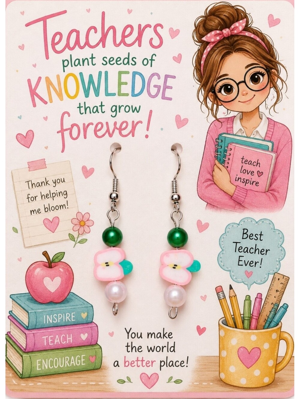 Kawaii Sweet Apple Teacher Bead Dangle Drop Hypoallergenic Earrings